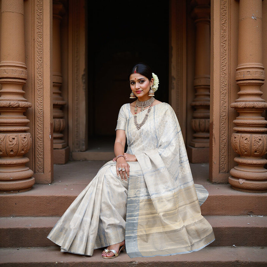Ivory and Blue Pure Silk Kanjeevaram Saree with Handwoven Floral Butti and Golden Zari Border, 5.5 Meters with Blouse Piece, Originating from India-D22706
