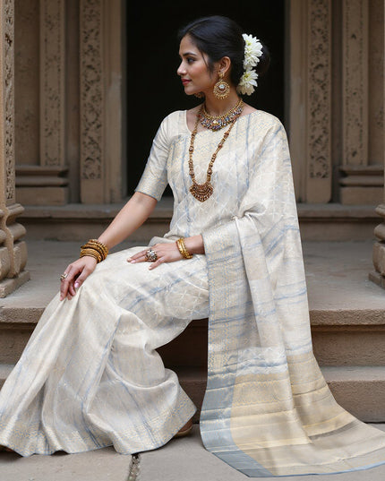 Ivory and Blue Pure Silk Kanjeevaram Saree with Handwoven Floral Butti and Golden Zari Border, 5.5 Meters with Blouse Piece, Originating from India-D22706