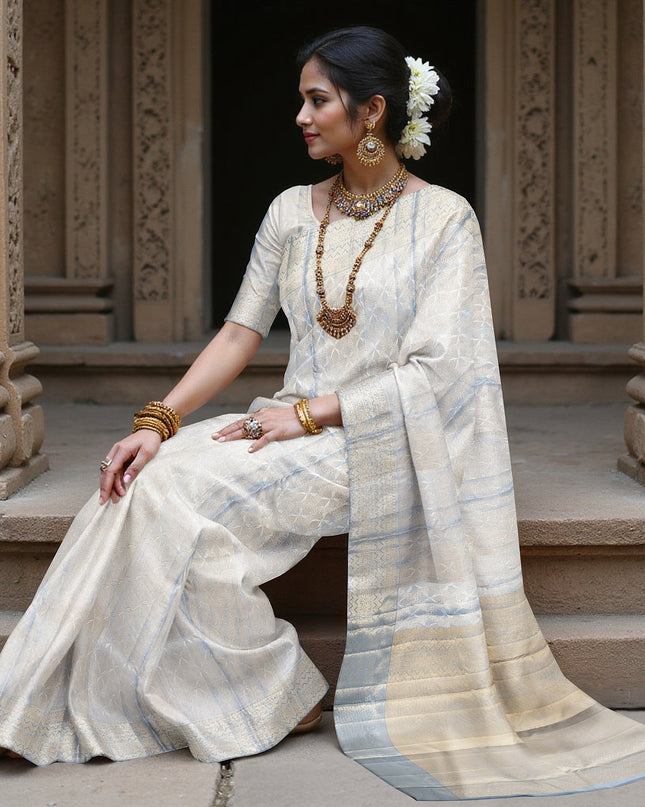 Ivory and Blue Pure Silk Kanjeevaram Saree with Handwoven Floral Butti and Golden Zari Border, 5.5 Meters with Blouse Piece, Originating from India-D22706