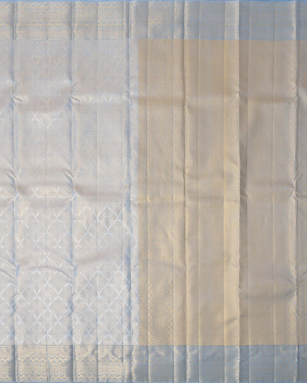 Ivory and Blue Pure Silk Kanjeevaram Saree with Handwoven Floral Butti and Golden Zari Border, 5.5 Meters with Blouse Piece, Originating from India-D22706