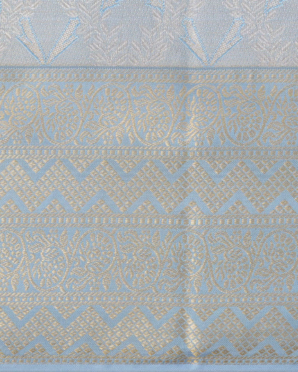 Ivory and Blue Pure Silk Kanjeevaram Saree with Handwoven Floral Butti and Golden Zari Border, 5.5 Meters with Blouse Piece, Originating from India-D22706