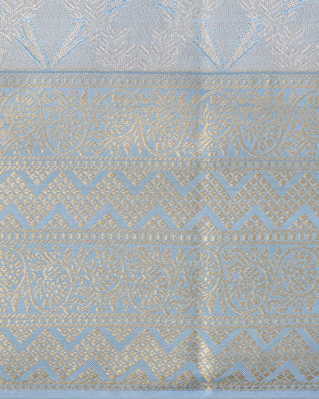 Ivory and Blue Pure Silk Kanjeevaram Saree with Handwoven Floral Butti and Golden Zari Border, 5.5 Meters with Blouse Piece, Originating from India-D22706