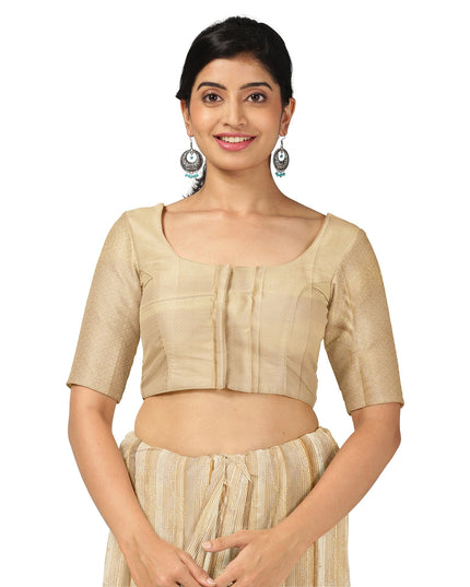 Beige and Gold Pure Tissue Silk Kanjeevaram Saree with Horizontal Textured Handwoven Stripes and Rich Zari Border, 5.5 Meters with Blouse Piece, Originating from India-D22707