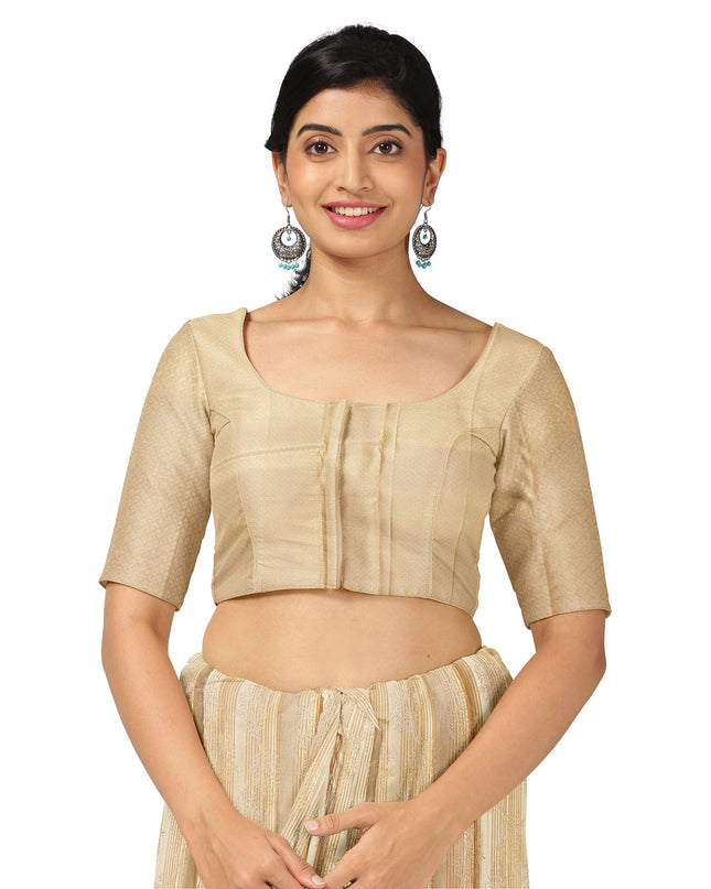 Beige and Gold Pure Tissue Silk Kanjeevaram Saree with Horizontal Textured Handwoven Stripes and Rich Zari Border, 5.5 Meters with Blouse Piece, Originating from India-D22707