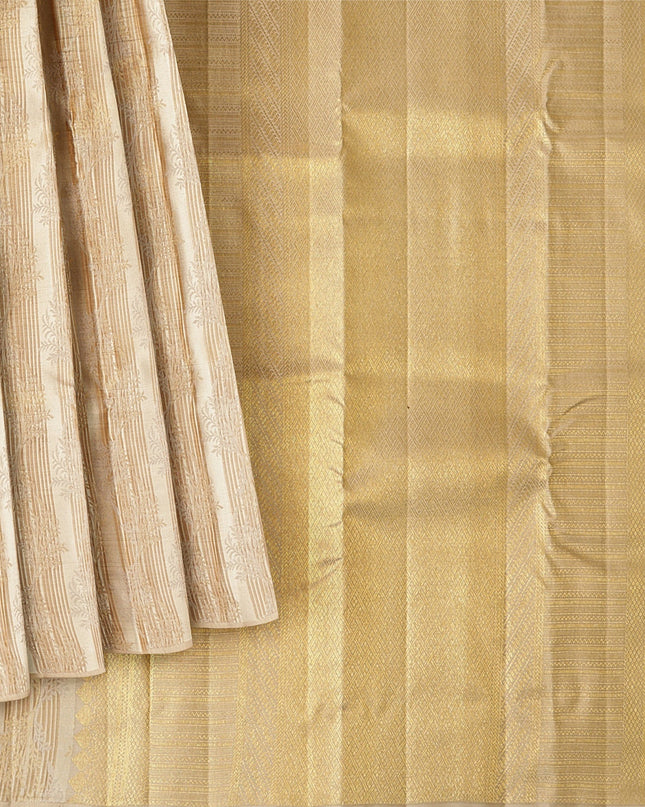 Beige and Gold Pure Tissue Silk Kanjeevaram Saree with Horizontal Textured Handwoven Stripes and Rich Zari Border, 5.5 Meters with Blouse Piece, Originating from India-D22707
