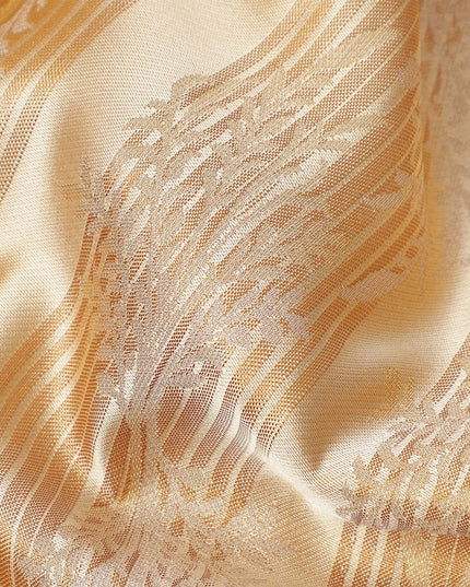 Beige and Gold Pure Tissue Silk Kanjeevaram Saree with Horizontal Textured Handwoven Stripes and Rich Zari Border, 5.5 Meters with Blouse Piece, Originating from India-D22707