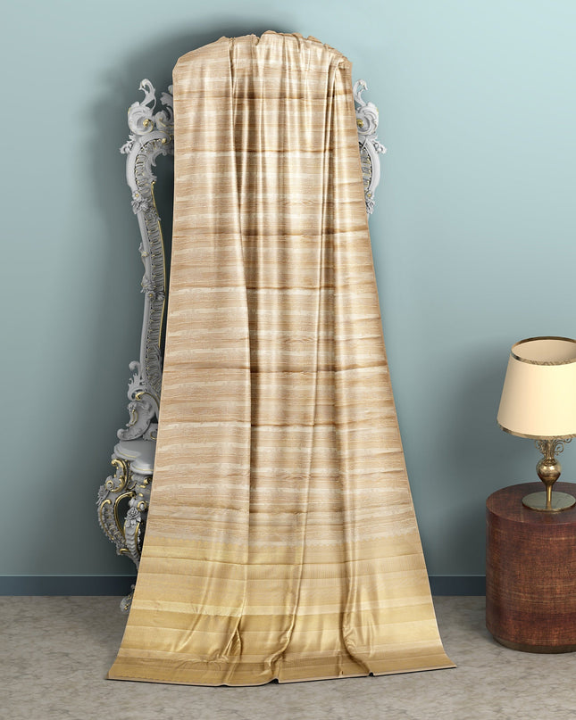 Beige and Gold Pure Tissue Silk Kanjeevaram Saree with Horizontal Textured Handwoven Stripes and Rich Zari Border, 5.5 Meters with Blouse Piece, Originating from India-D22707