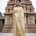 Beige and Gold Pure Tissue Silk Kanjeevaram Saree with Horizontal Textured Handwoven Stripes and Rich Zari Border, 5.5 Meters with Blouse Piece, Originating from India-D22707