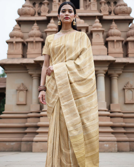 Beige and Gold Pure Tissue Silk Kanjeevaram Saree with Horizontal Textured Handwoven Stripes and Rich Zari Border, 5.5 Meters with Blouse Piece, Originating from India-D22707