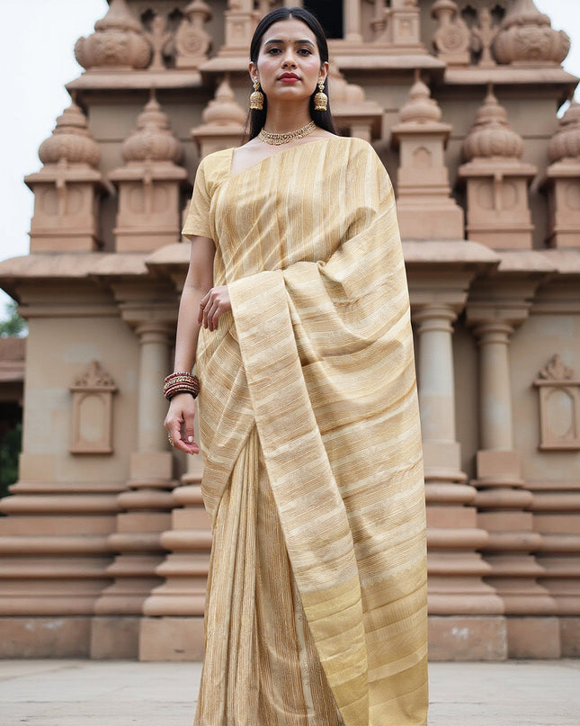 Beige and Gold Pure Tissue Silk Kanjeevaram Saree with Horizontal Textured Handwoven Stripes and Rich Zari Border, 5.5 Meters with Blouse Piece, Originating from India-D22707