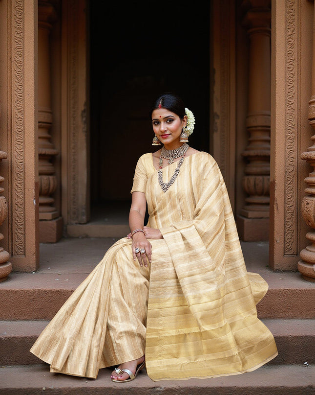 Beige and Gold Pure Tissue Silk Kanjeevaram Saree with Horizontal Textured Handwoven Stripes and Rich Zari Border, 5.5 Meters with Blouse Piece, Originating from India-D22707