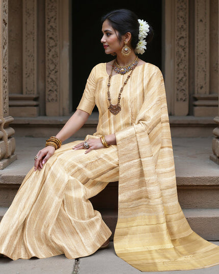 Beige and Gold Pure Tissue Silk Kanjeevaram Saree with Horizontal Textured Handwoven Stripes and Rich Zari Border, 5.5 Meters with Blouse Piece, Originating from India-D22707