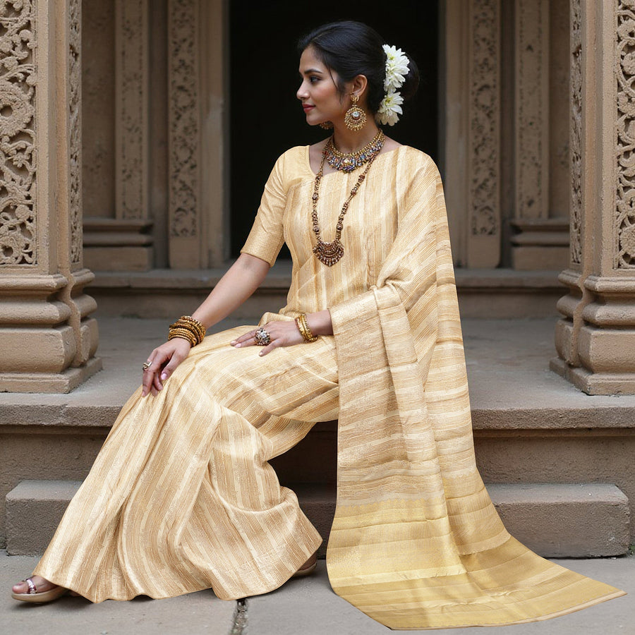 Beige and Gold Pure Tissue Silk Kanjeevaram Saree with Horizontal Textured Handwoven Stripes and Rich Zari Border, 5.5 Meters with Blouse Piece, Originating from India-D22707