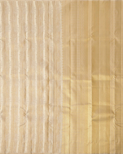 Beige and Gold Pure Tissue Silk Kanjeevaram Saree with Horizontal Textured Handwoven Stripes and Rich Zari Border, 5.5 Meters with Blouse Piece, Originating from India-D22707