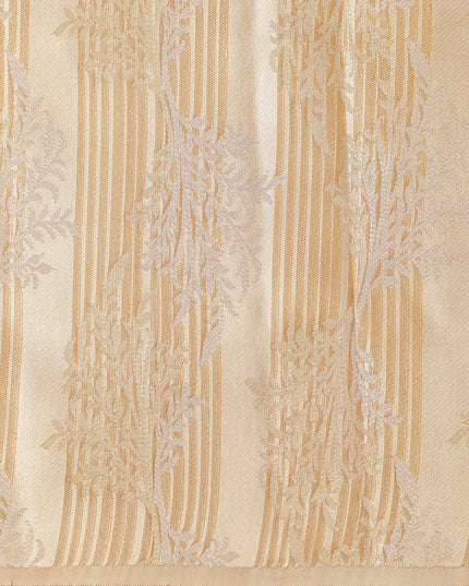 Beige and Gold Pure Tissue Silk Kanjeevaram Saree with Horizontal Textured Handwoven Stripes and Rich Zari Border, 5.5 Meters with Blouse Piece, Originating from India-D22707