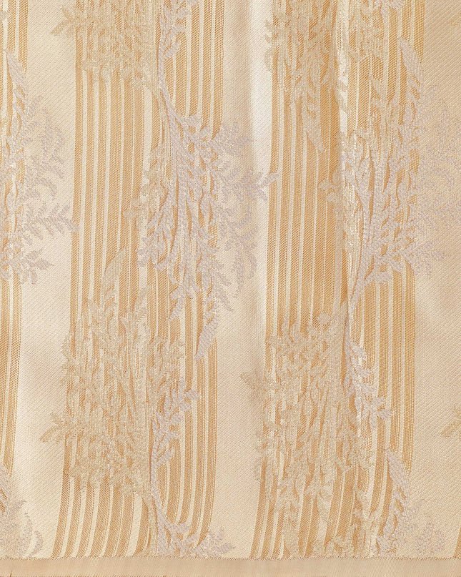 Beige and Gold Pure Tissue Silk Kanjeevaram Saree with Horizontal Textured Handwoven Stripes and Rich Zari Border, 5.5 Meters with Blouse Piece, Originating from India-D22707