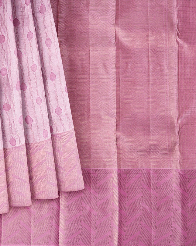Rose Pink Pure Tissue Silk Kanjeevaram Saree with Handwoven Circular Butti Design and Chevron Pattern Border, 5.5 Meters with Blouse Piece, Originating from India-D22708 - Regal Fabrics