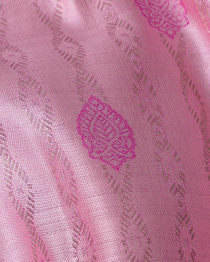 Rose Pink Pure Tissue Silk Kanjeevaram Saree with Handwoven Circular Butti Design and Chevron Pattern Border, 5.5 Meters with Blouse Piece, Originating from India-D22708 - Regal Fabrics