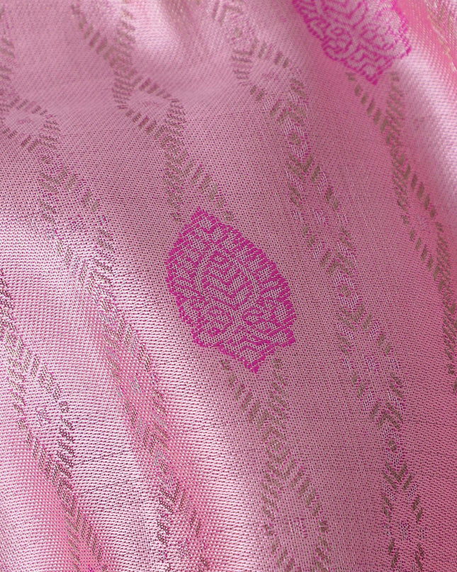 Rose Pink Pure Tissue Silk Kanjeevaram Saree with Handwoven Circular Butti Design and Chevron Pattern Border, 5.5 Meters with Blouse Piece, Originating from India-D22708 - Regal Fabrics
