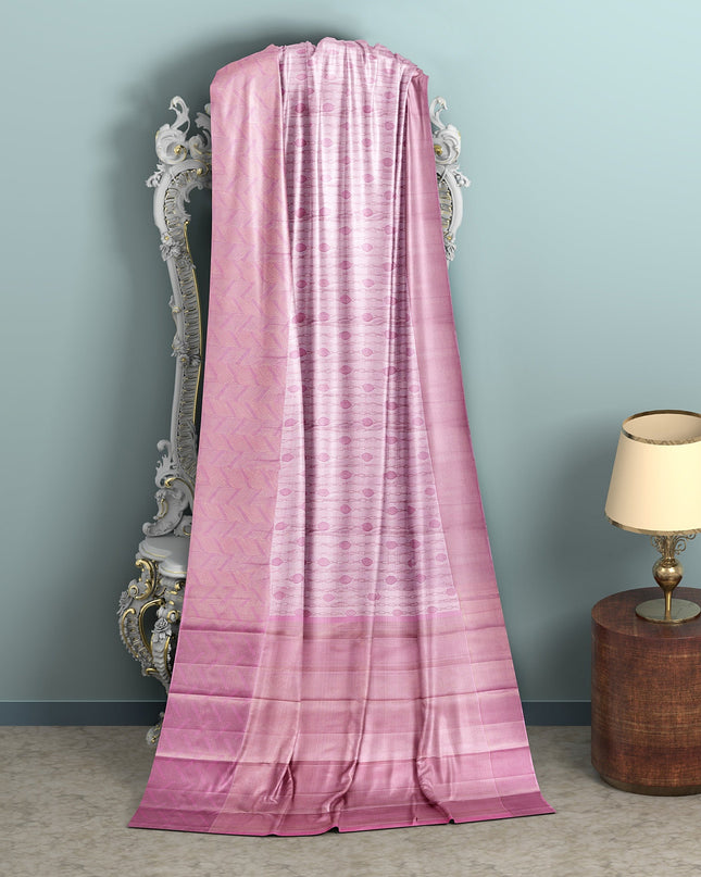 Rose Pink Pure Tissue Silk Kanjeevaram Saree with Handwoven Circular Butti Design and Chevron Pattern Border, 5.5 Meters with Blouse Piece, Originating from India-D22708 - Regal Fabrics