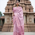 Rose Pink Pure Tissue Silk Kanjeevaram Saree with Handwoven Circular Butti Design and Chevron Pattern Border, 5.5 Meters with Blouse Piece, Originating from India-D22708 - Regal Fabrics