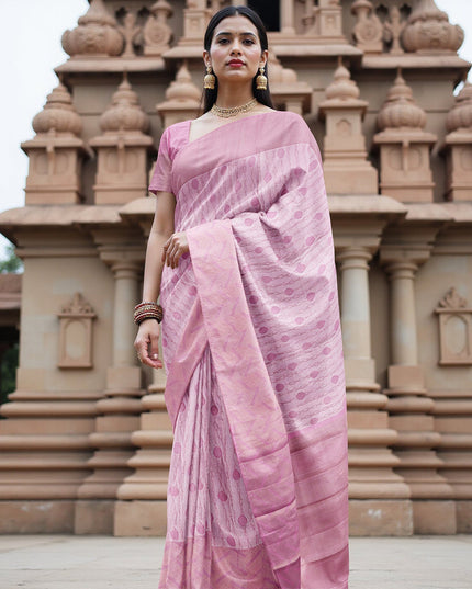 Rose Pink Pure Tissue Silk Kanjeevaram Saree with Handwoven Circular Butti Design and Chevron Pattern Border, 5.5 Meters with Blouse Piece, Originating from India-D22708 - Regal Fabrics