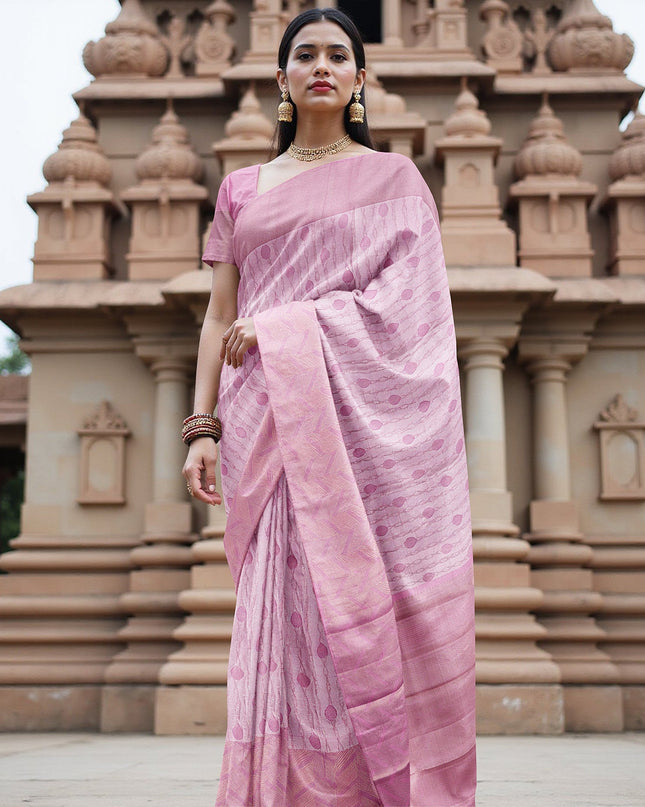 Rose Pink Pure Tissue Silk Kanjeevaram Saree with Handwoven Circular Butti Design and Chevron Pattern Border, 5.5 Meters with Blouse Piece, Originating from India-D22708 - Regal Fabrics