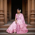 Rose Pink Pure Tissue Silk Kanjeevaram Saree with Handwoven Circular Butti Design and Chevron Pattern Border, 5.5 Meters with Blouse Piece, Originating from India-D22708 - Regal Fabrics