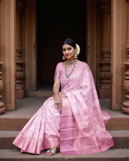 Rose Pink Pure Tissue Silk Kanjeevaram Saree with Handwoven Circular Butti Design and Chevron Pattern Border, 5.5 Meters with Blouse Piece, Originating from India-D22708 - Regal Fabrics