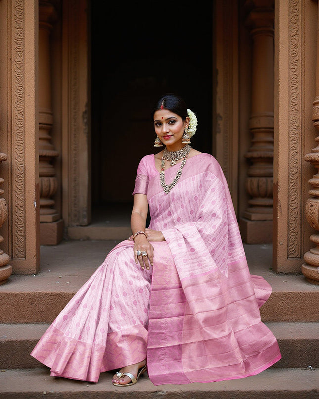 Rose Pink Pure Tissue Silk Kanjeevaram Saree with Handwoven Circular Butti Design and Chevron Pattern Border, 5.5 Meters with Blouse Piece, Originating from India-D22708 - Regal Fabrics