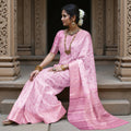 Rose Pink Pure Tissue Silk Kanjeevaram Saree with Handwoven Circular Butti Design and Chevron Pattern Border, 5.5 Meters with Blouse Piece, Originating from India-D22708 - Regal Fabrics