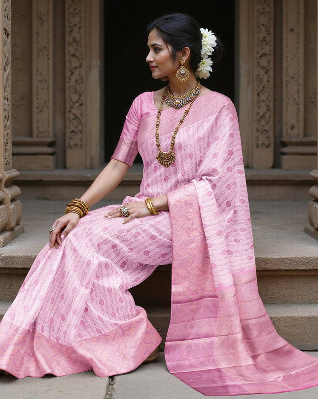 Rose Pink Pure Tissue Silk Kanjeevaram Saree with Handwoven Circular Butti Design and Chevron Pattern Border, 5.5 Meters with Blouse Piece, Originating from India-D22708 - Regal Fabrics