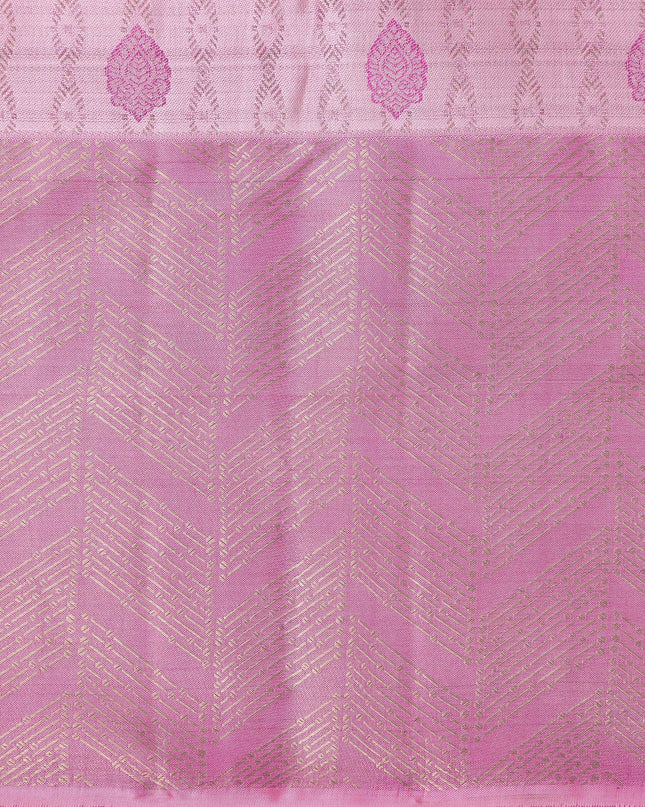 Rose Pink Pure Tissue Silk Kanjeevaram Saree with Handwoven Circular Butti Design and Chevron Pattern Border, 5.5 Meters with Blouse Piece, Originating from India-D22708 - Regal Fabrics