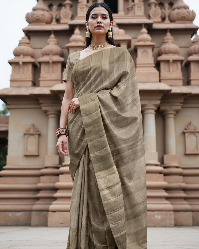 Olive Green Pure Tissue Silk Kanjeevaram Saree with Handwoven Self-Striped Texture and Subtle Zari Finish, 5.5 Meters with Blouse Piece, Originating from India-D22709