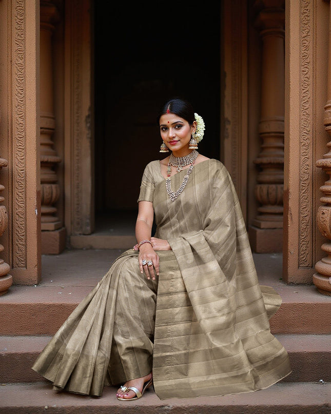 Olive Green Pure Tissue Silk Kanjeevaram Saree with Handwoven Self-Striped Texture and Subtle Zari Finish, 5.5 Meters with Blouse Piece, Originating from India-D22709