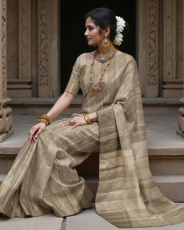 Olive Green Pure Tissue Silk Kanjeevaram Saree with Handwoven Self-Striped Texture and Subtle Zari Finish, 5.5 Meters with Blouse Piece, Originating from India-D22709