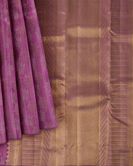 Magenta Pure Tissue Silk Kanjeevaram Saree with Handwoven Horizontal Zari Motifs and Contrast Gold Border, 5.5 Meters with Blouse Piece, Originating from India-D22710