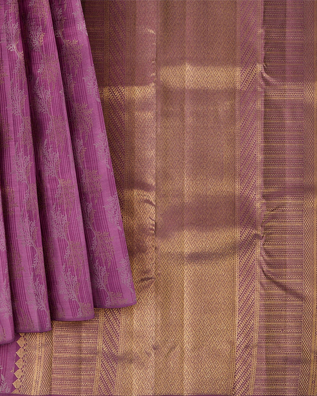 Magenta Pure Tissue Silk Kanjeevaram Saree with Handwoven Horizontal Zari Motifs and Contrast Gold Border, 5.5 Meters with Blouse Piece, Originating from India-D22710