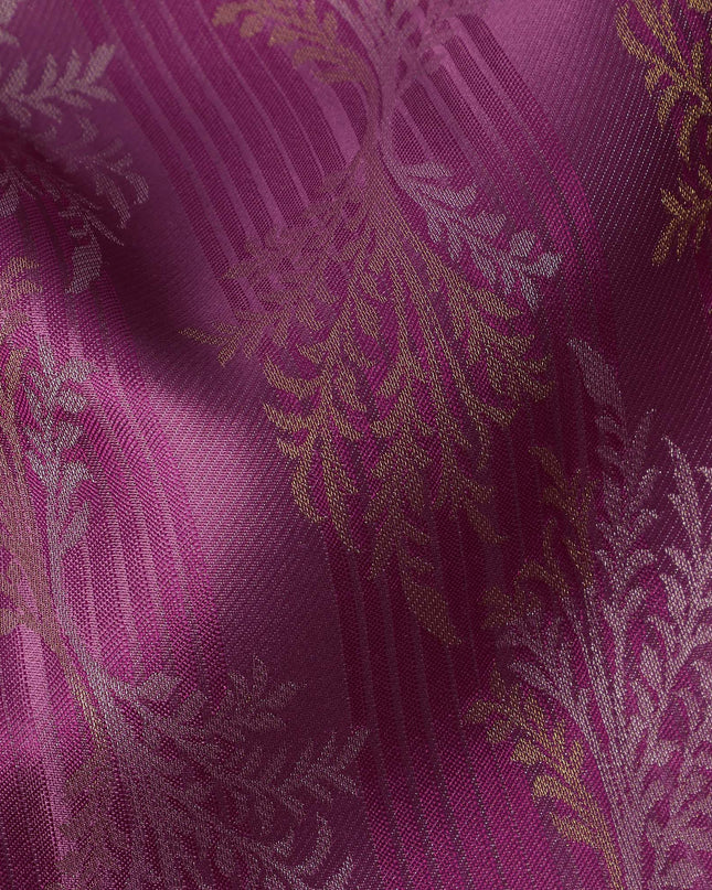 Magenta Pure Tissue Silk Kanjeevaram Saree with Handwoven Horizontal Zari Motifs and Contrast Gold Border, 5.5 Meters with Blouse Piece, Originating from India-D22710