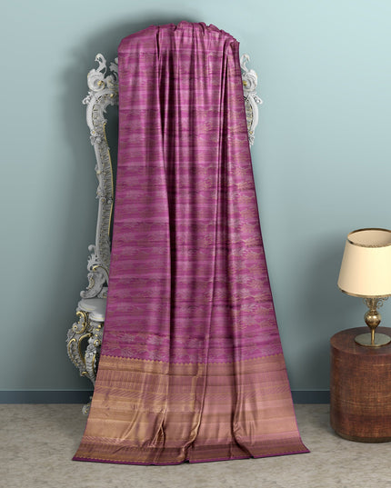 Magenta Pure Tissue Silk Kanjeevaram Saree with Handwoven Horizontal Zari Motifs and Contrast Gold Border, 5.5 Meters with Blouse Piece, Originating from India-D22710