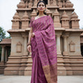 Magenta Pure Tissue Silk Kanjeevaram Saree with Handwoven Horizontal Zari Motifs and Contrast Gold Border, 5.5 Meters with Blouse Piece, Originating from India-D22710