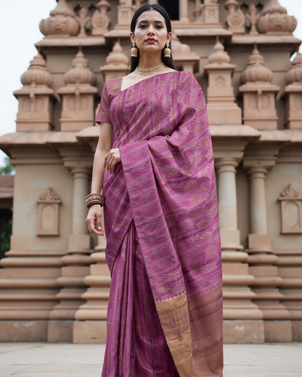 Magenta Pure Tissue Silk Kanjeevaram Saree with Handwoven Horizontal Zari Motifs and Contrast Gold Border, 5.5 Meters with Blouse Piece, Originating from India-D22710