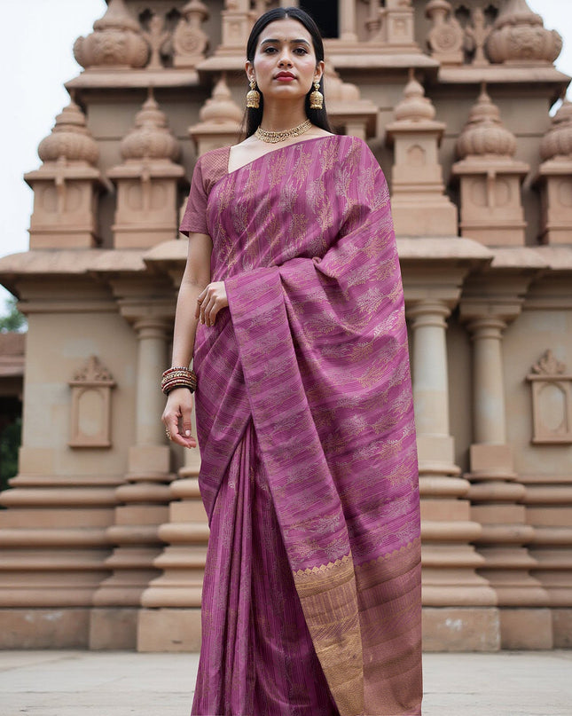 Magenta Pure Tissue Silk Kanjeevaram Saree with Handwoven Horizontal Zari Motifs and Contrast Gold Border, 5.5 Meters with Blouse Piece, Originating from India-D22710