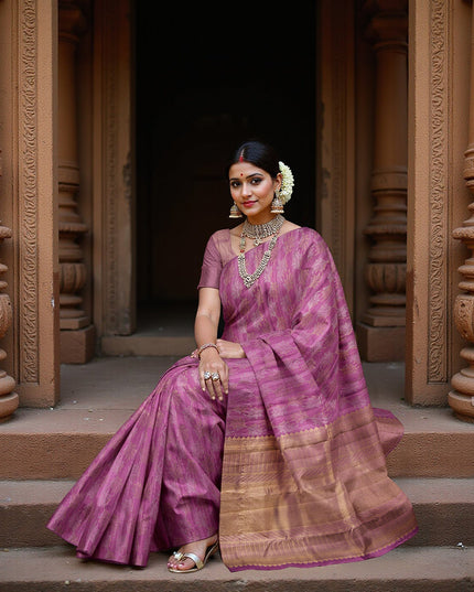 Magenta Pure Tissue Silk Kanjeevaram Saree with Handwoven Horizontal Zari Motifs and Contrast Gold Border, 5.5 Meters with Blouse Piece, Originating from India-D22710