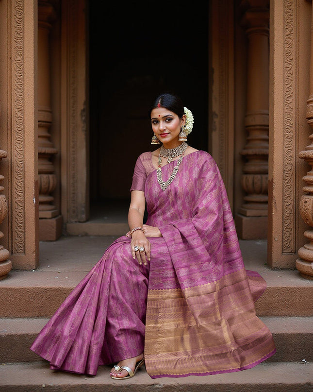 Magenta Pure Tissue Silk Kanjeevaram Saree with Handwoven Horizontal Zari Motifs and Contrast Gold Border, 5.5 Meters with Blouse Piece, Originating from India-D22710