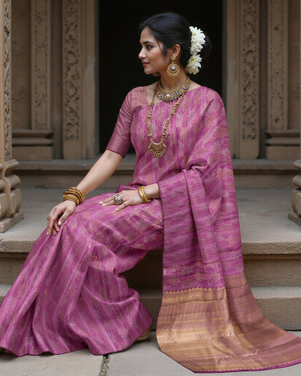 Magenta Pure Tissue Silk Kanjeevaram Saree with Handwoven Horizontal Zari Motifs and Contrast Gold Border, 5.5 Meters with Blouse Piece, Originating from India-D22710