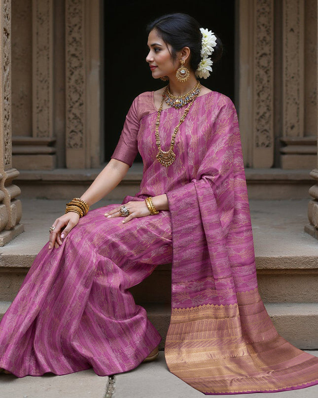 Magenta Pure Tissue Silk Kanjeevaram Saree with Handwoven Horizontal Zari Motifs and Contrast Gold Border, 5.5 Meters with Blouse Piece, Originating from India-D22710