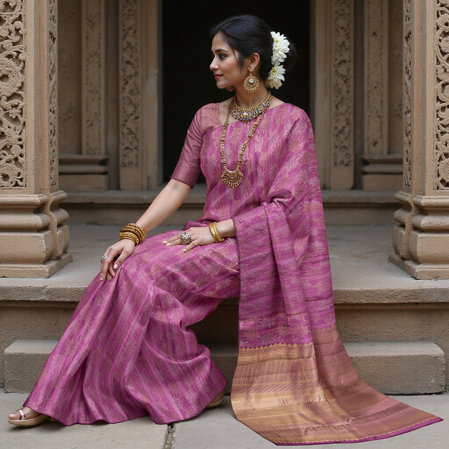 Magenta Pure Tissue Silk Kanjeevaram Saree with Handwoven Horizontal Zari Motifs and Contrast Gold Border, 5.5 Meters with Blouse Piece, Originating from India-D22710