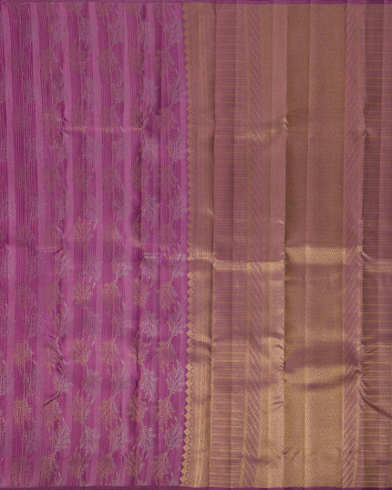 Magenta Pure Tissue Silk Kanjeevaram Saree with Handwoven Horizontal Zari Motifs and Contrast Gold Border, 5.5 Meters with Blouse Piece, Originating from India-D22710