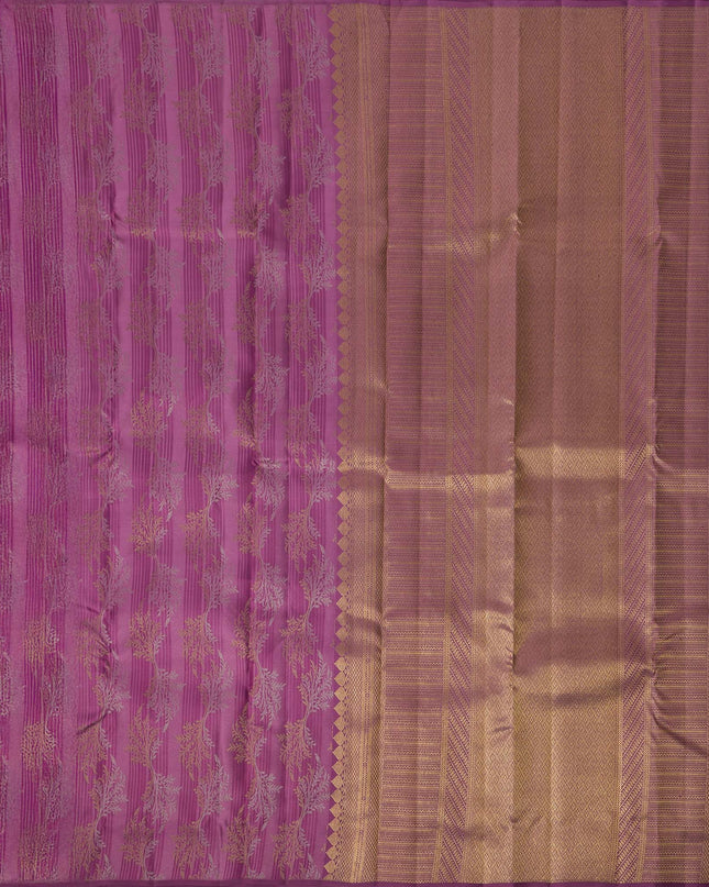 Magenta Pure Tissue Silk Kanjeevaram Saree with Handwoven Horizontal Zari Motifs and Contrast Gold Border, 5.5 Meters with Blouse Piece, Originating from India-D22710